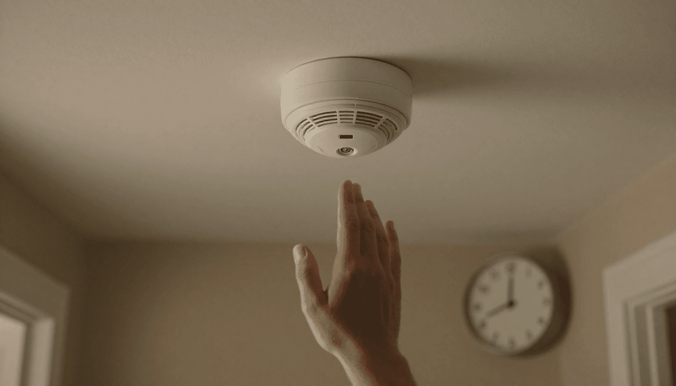A hand reaching up to test a ceiling smoke alarm, with a wall clock in the background