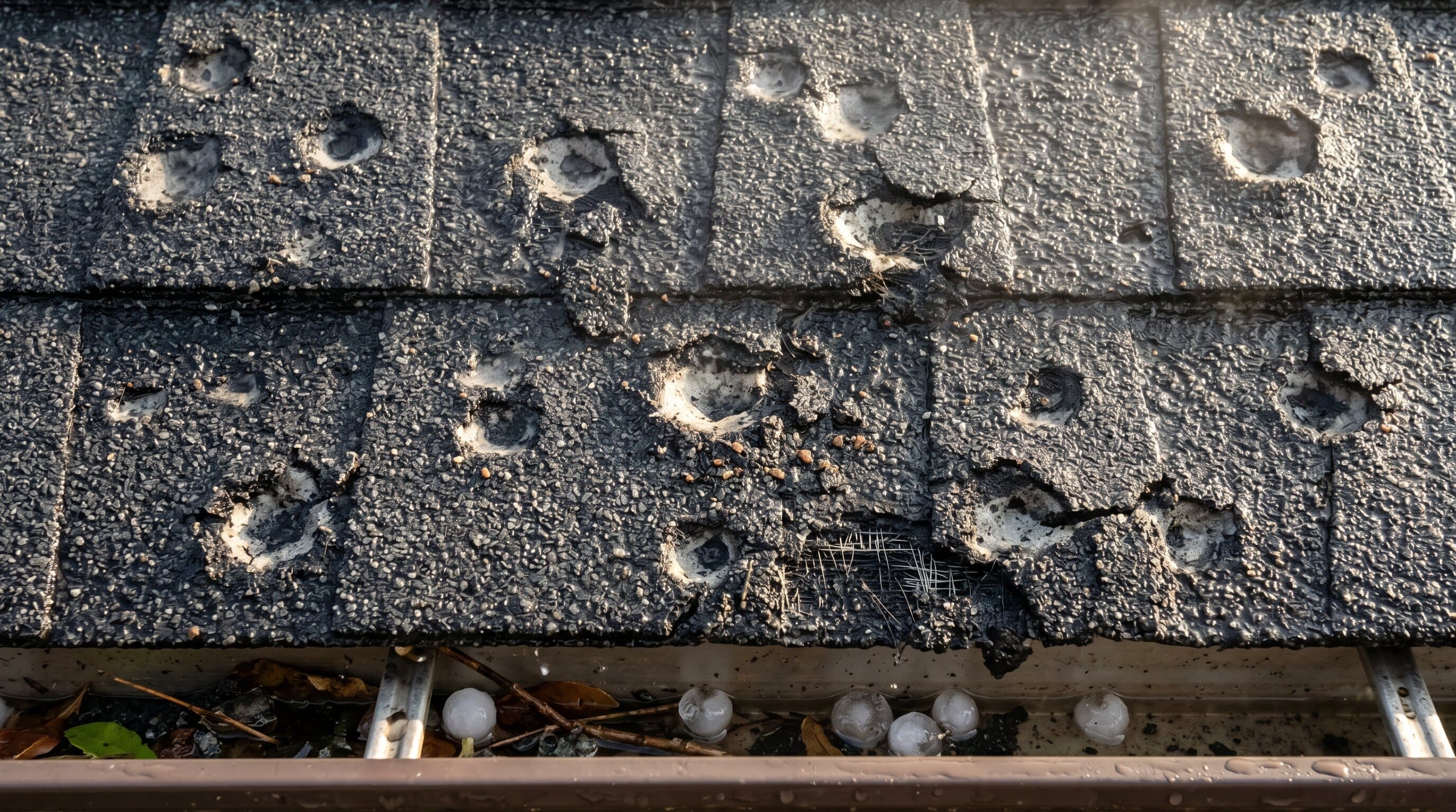 Hail damage detail on an asphalt shingle roof