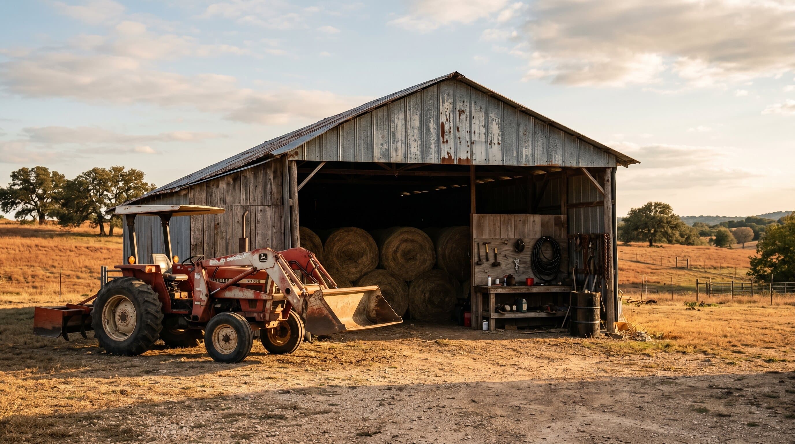 A barn or equipment shed beside a tractor