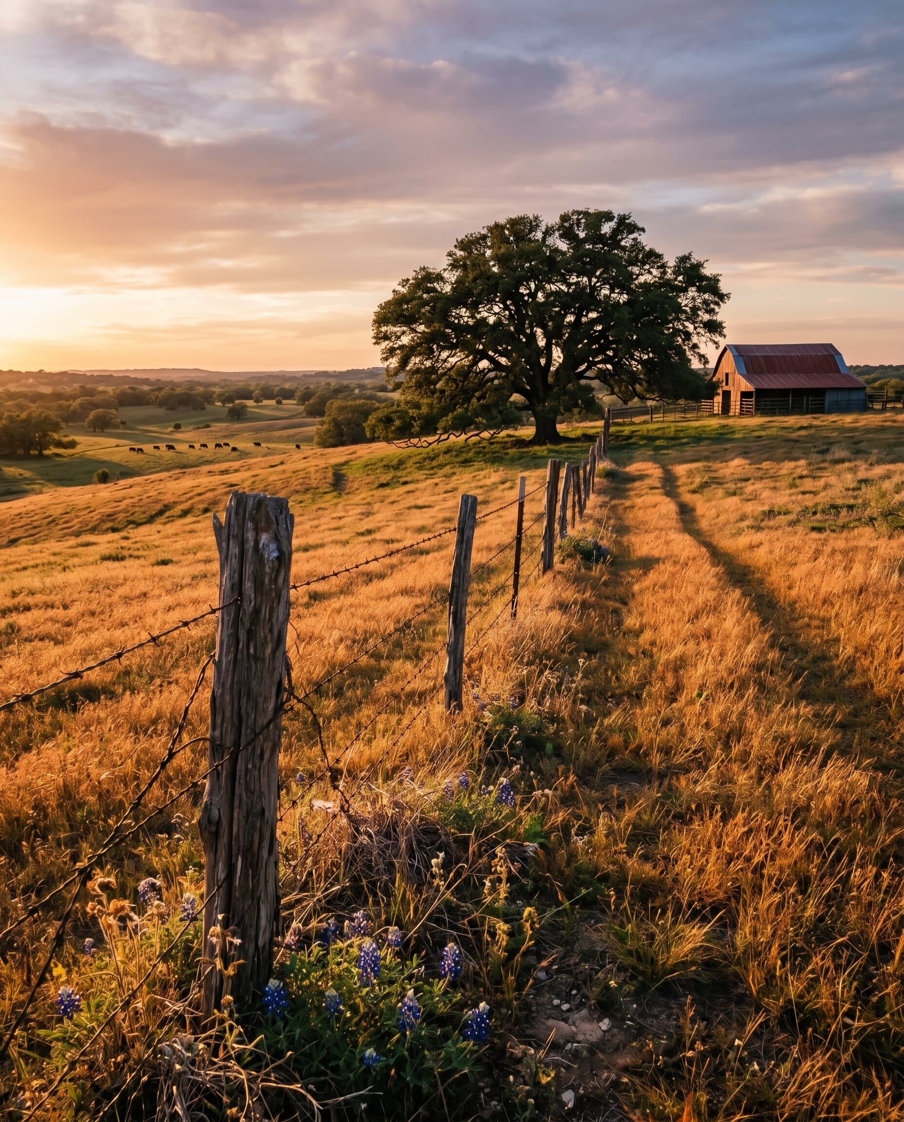 Texas Hill Country landscape — a fence line leading toward a live oak and barn at golden hour, with bluebonnets in the foreground