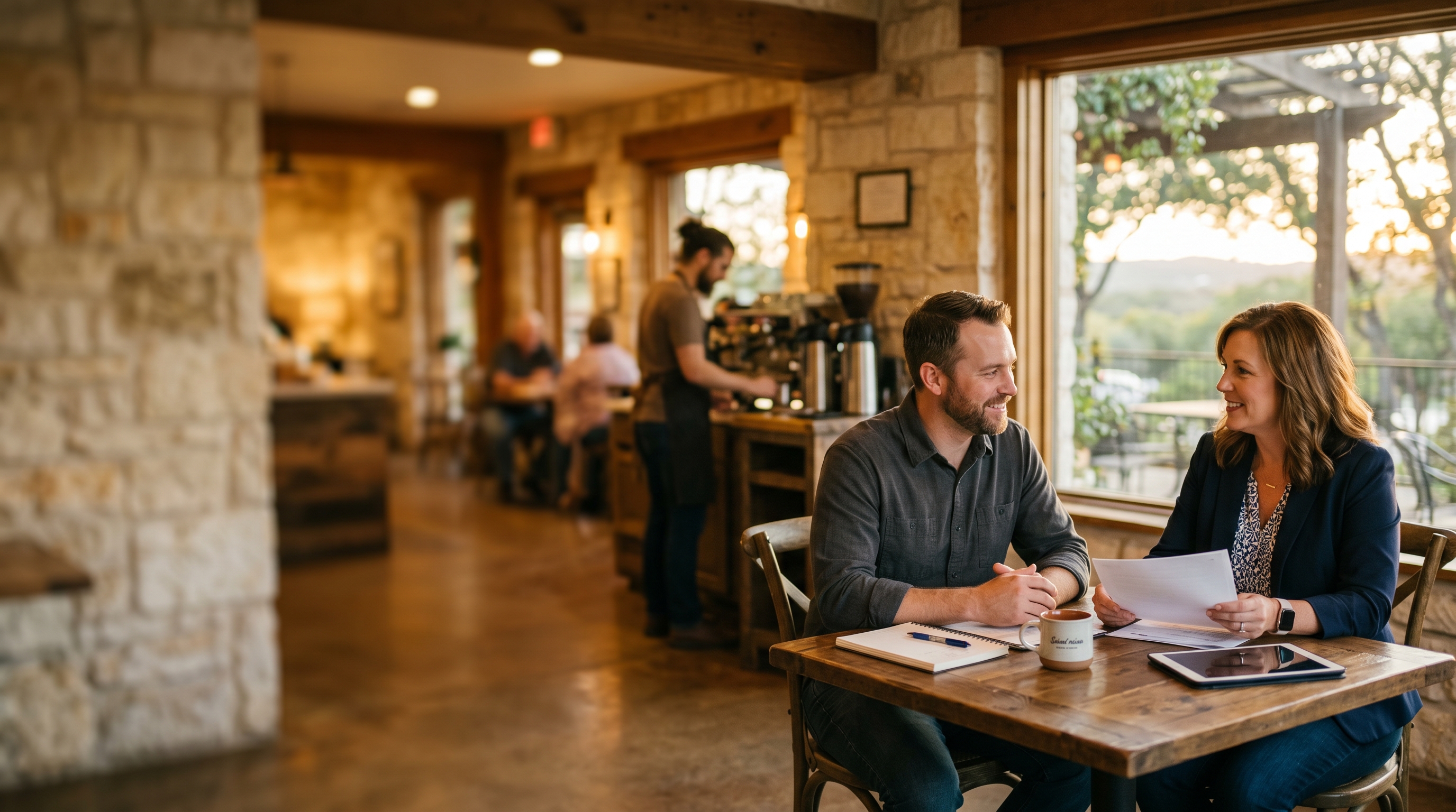 A WKI agent reviewing a coverage summary across the desk from a Seguin homeowner — paperwork, coffee, and a Hill Country morning