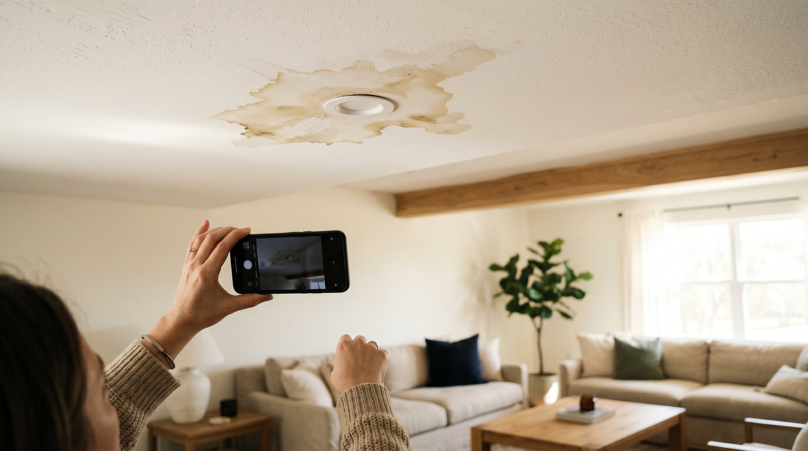 A homeowner photographing a water stain spreading across a living-room ceiling — documenting the damage before cleanup begins
